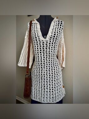Vintage Knit Handmade Crochet Mini Dress Tunic Beige Off White Wooden Accents S